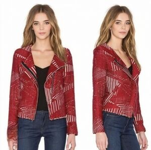 IRO MEPSIE Tweed Moto Raw Hem Red Patterned Jacket 2